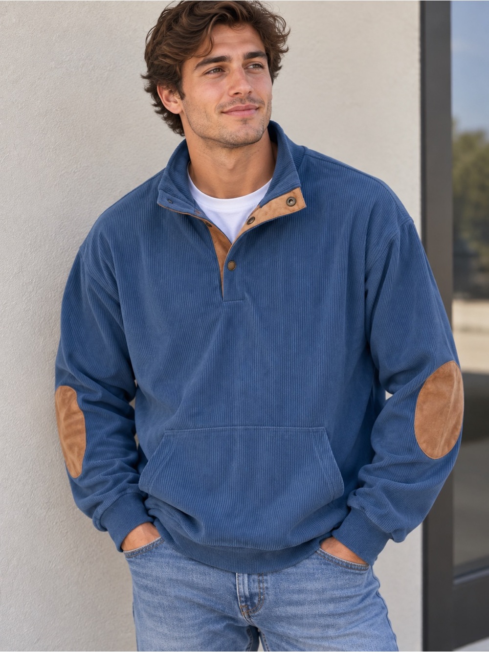 NWT Coofandy XL Cordory Blue V-Neck Pullover Sweater with Tan Elbow Patches
